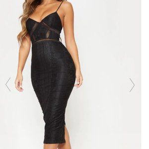 Pretty Little Thing Sexy Black Mesh Lace Bodycon LBD Midi Dress UK 10 US 6